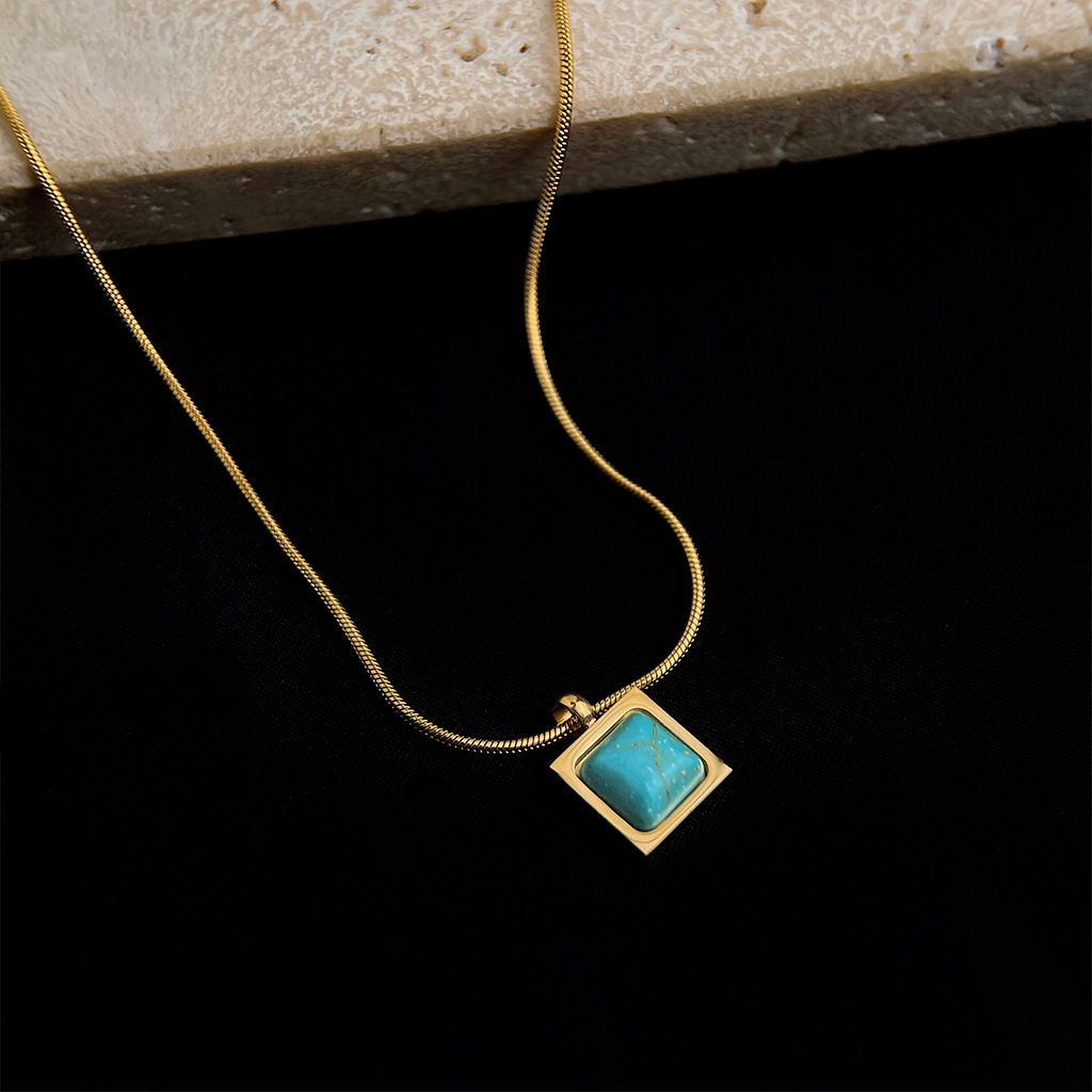 Square Turquoise Pendant Necklace With Snake Chain Choker Necklace-18K PVD Gold Plated 316L Stainless Steel - N045