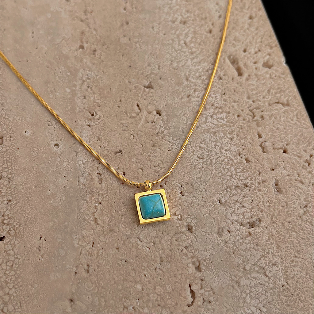 Square Turquoise Pendant Necklace With Snake Chain Choker Necklace-18K PVD Gold Plated 316L Stainless Steel - N045