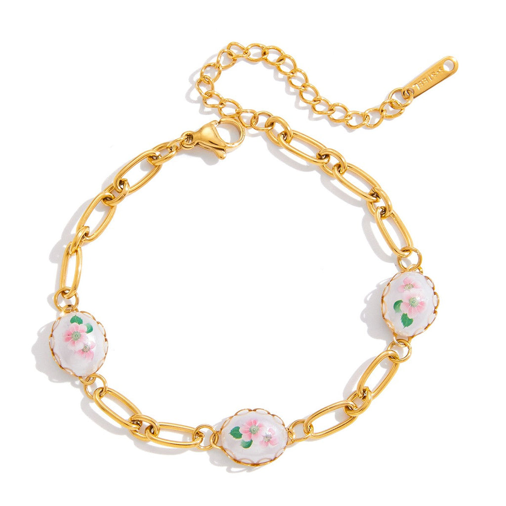 French Retro Oil Painting Style Floral Charms Chains Bracelet-  PVD18K Gold Plated 316L Stainless Steel_B057
