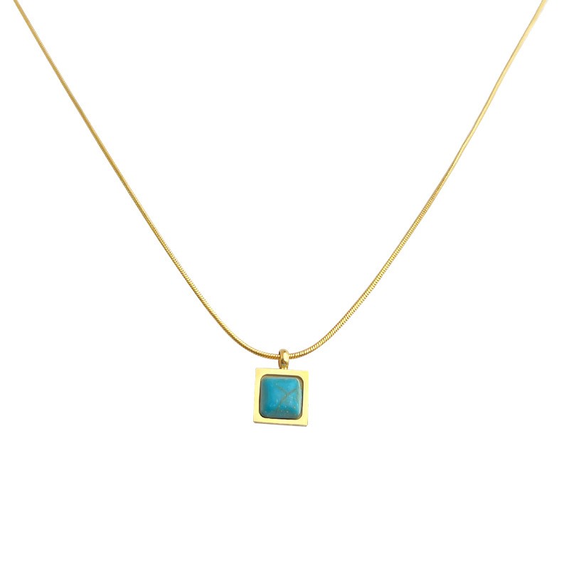 Square Turquoise Pendant Necklace With Snake Chain Choker Necklace-18K PVD Gold Plated 316L Stainless Steel - N045
