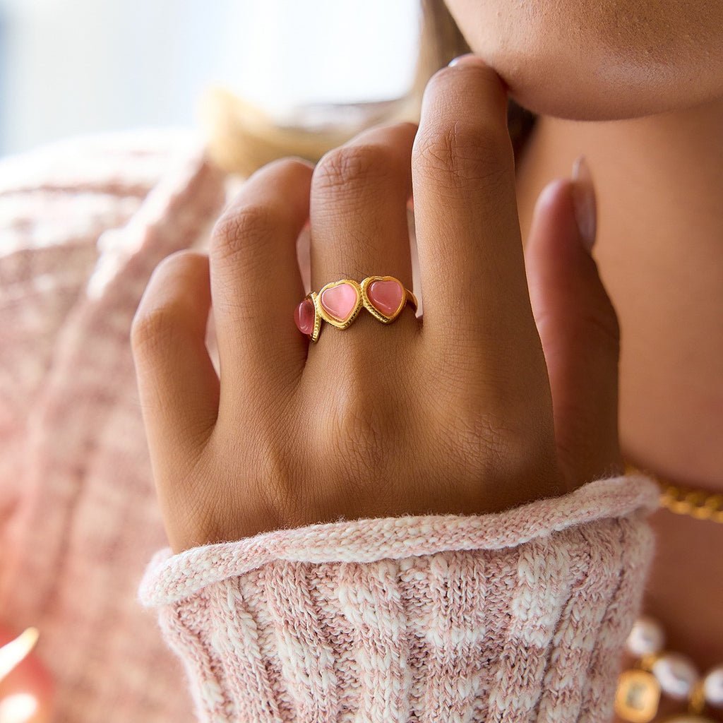 18K PVD Gold Plated Rings Stainless Steel Natural Stone Pink Clear Cat Eye Stone Heart Open Rings_R049. Size: Adjustable