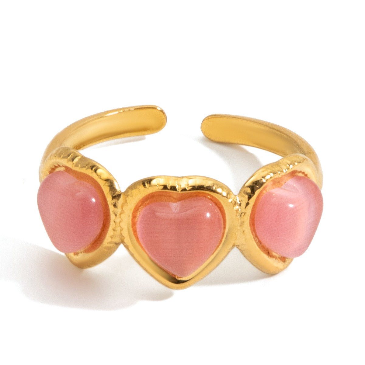 18K PVD Gold Plated Rings Stainless Steel Natural Stone Pink Clear Cat Eye Stone Heart Open Rings_R049. Size: Adjustable