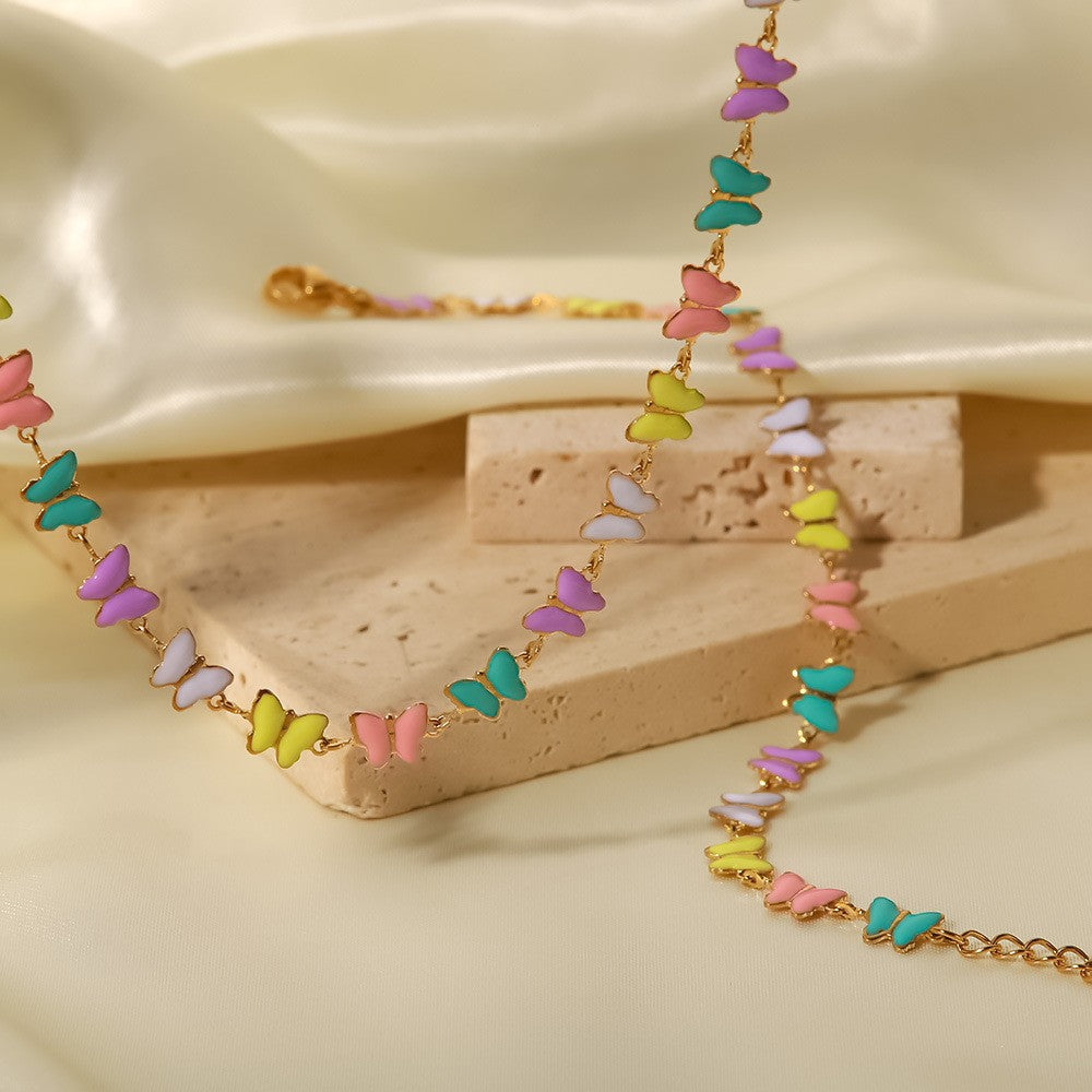 Dripping Jewelry Set Colorful Enamel Butterfly Choker Necklace Bracelet  - PVD 18k Gold Plated 316L Stainless Steel_Set012