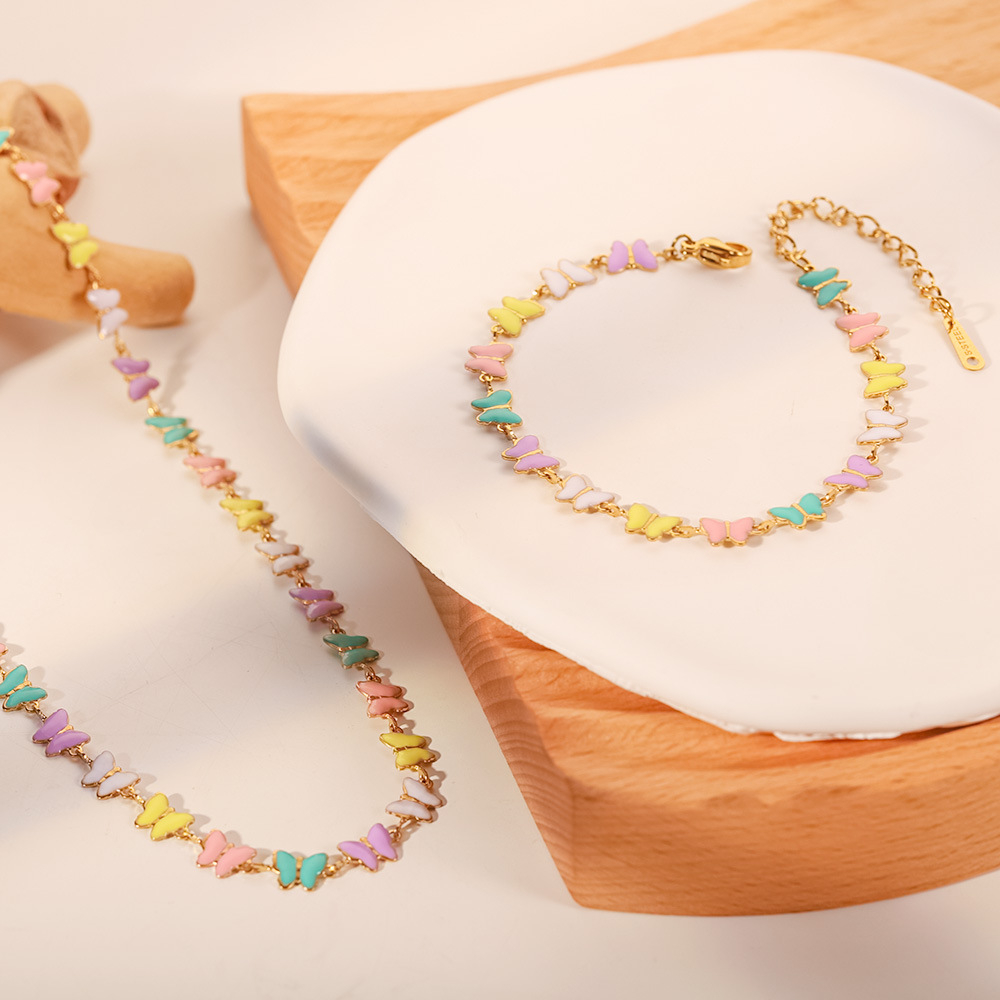 Dripping Jewelry Set Colorful Enamel Butterfly Choker Necklace Bracelet  - PVD 18k Gold Plated 316L Stainless Steel_Set012