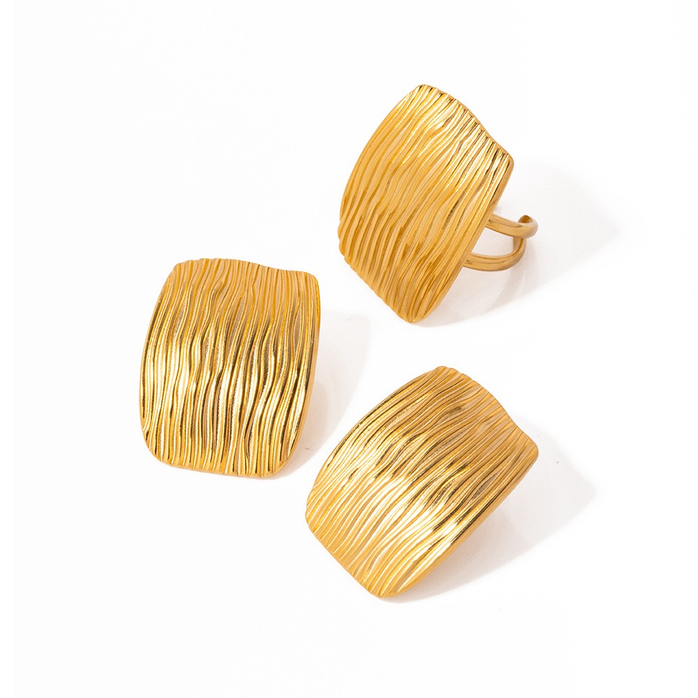 Geometric Texture Vintage Square Stud Earring Ring Set - Set011