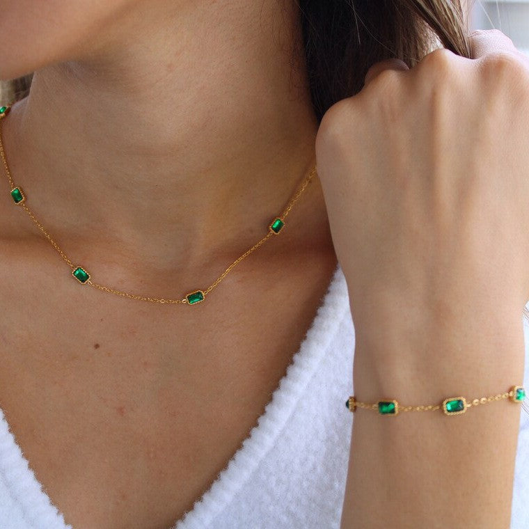 Green Zircon Stones Set (Necklace / Bracelet /Earring) -PVD 18K Gold Plated 316L Stainless Steel_Set002