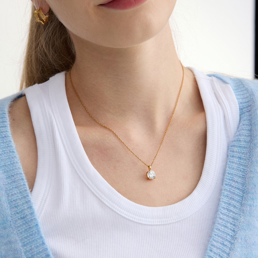 18K Gold PVD Dainty Waterdrop Oval Zircon CZ Pendant Minimalist Stainless Steel Choker Necklace_N033