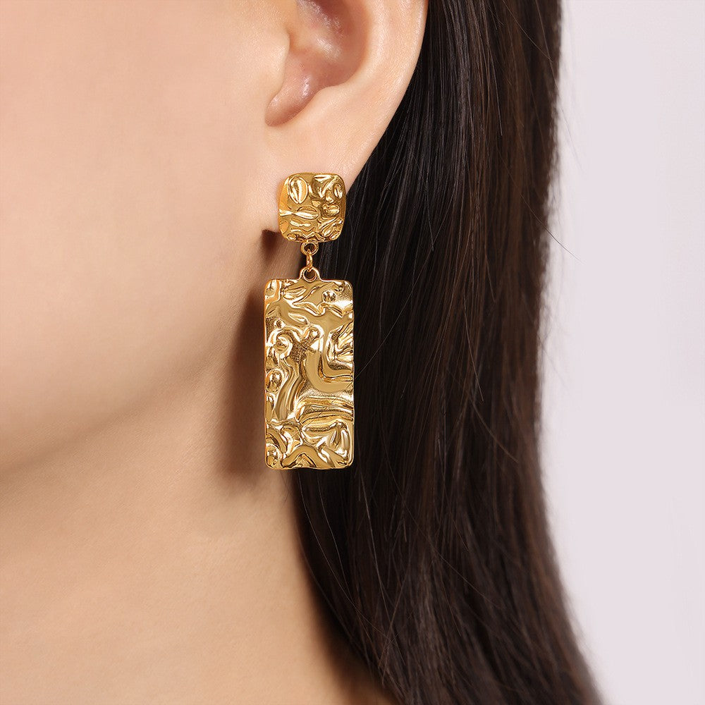 Oversize Geometric Rectangular Pendant Drop Earrings -  PVD 18k Gold Plated 316L Stainless Steel_E-033
