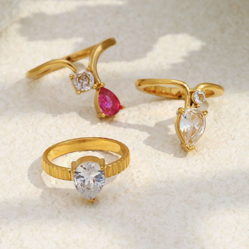 High-End 18K PVD Gold Plated 316L Stainless Steel Ring Pink White Two Sorts Zirconia Tarnish-Free_R051. Size: 8