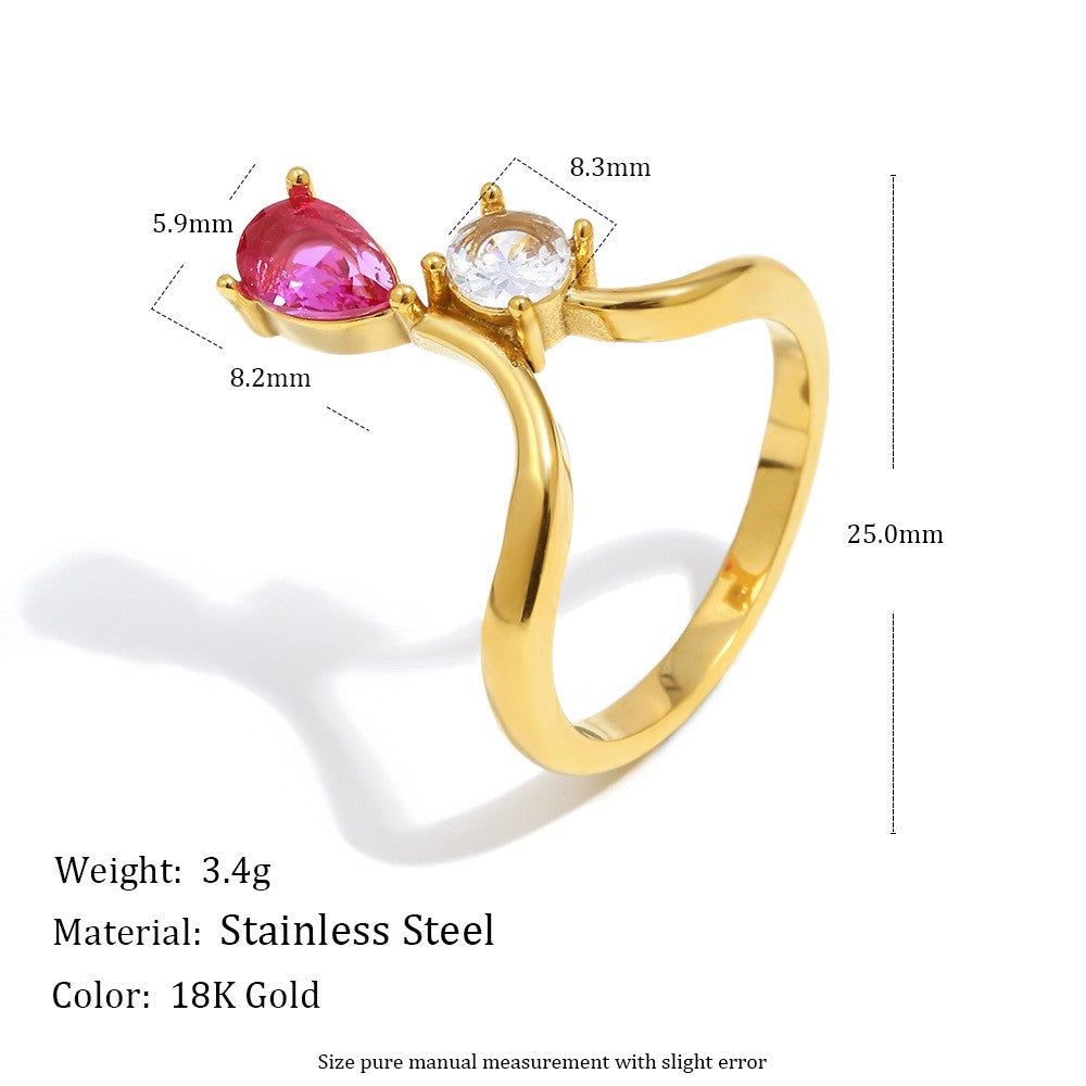 High-End 18K PVD Gold Plated 316L Stainless Steel Ring Pink White Two Sorts Zirconia Tarnish-Free_R051. Size: 8