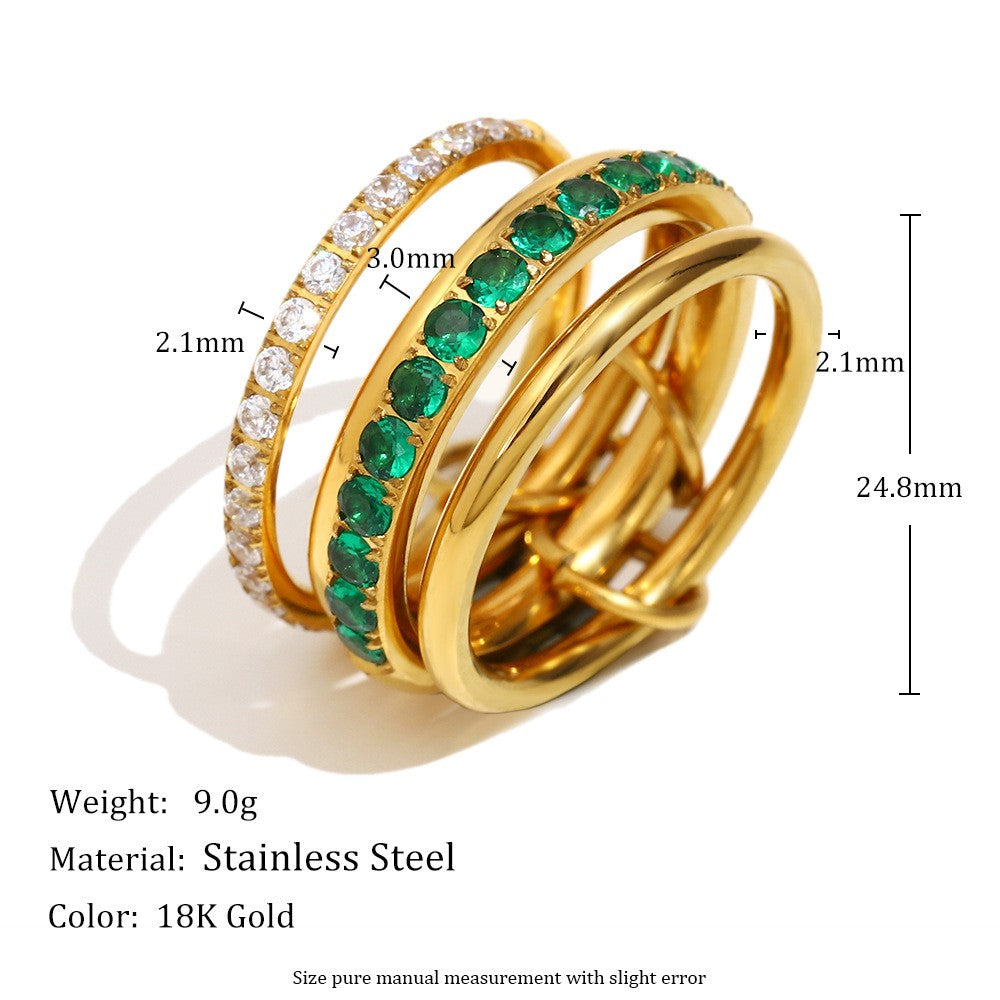 High End 18K Gold Plated Stainless Steel Green Zircon Pave Surround Waterproof 4 Circle Layered Trendy Joint Ring_Ring Size: 8
