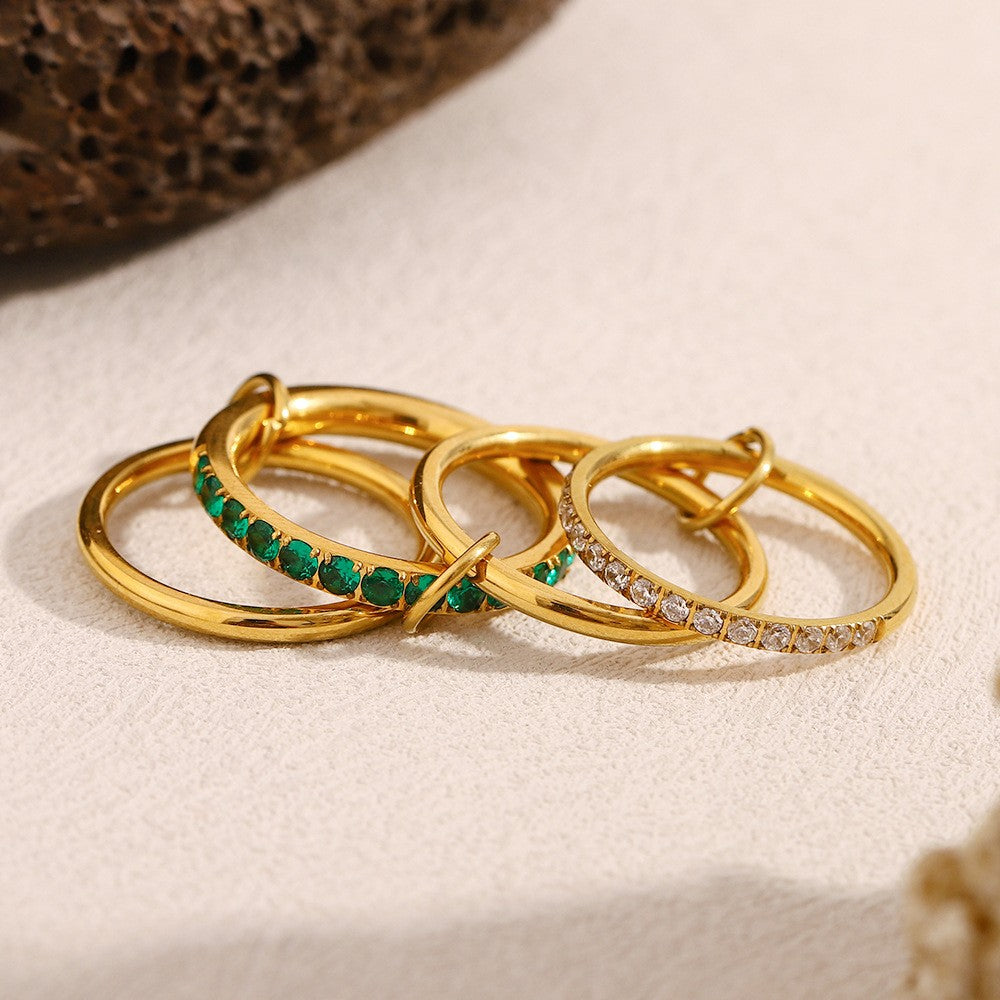 High End 18K Gold Plated Stainless Steel Green Zircon Pave Surround Waterproof 4 Circle Layered Trendy Joint Ring_Ring Size: 8