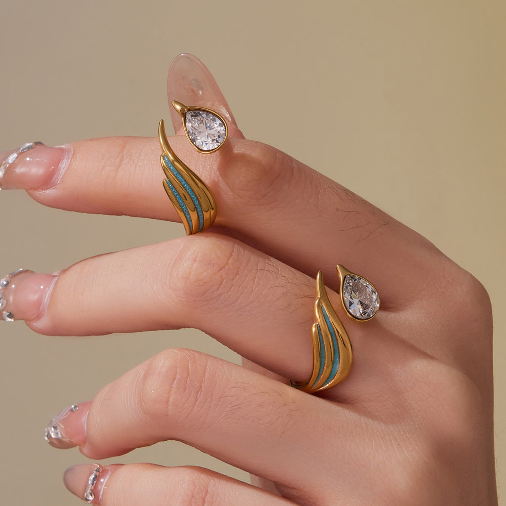 Waterdrop Zircon Open Ring 18k PVD Gold_R048. Size: Adjustable