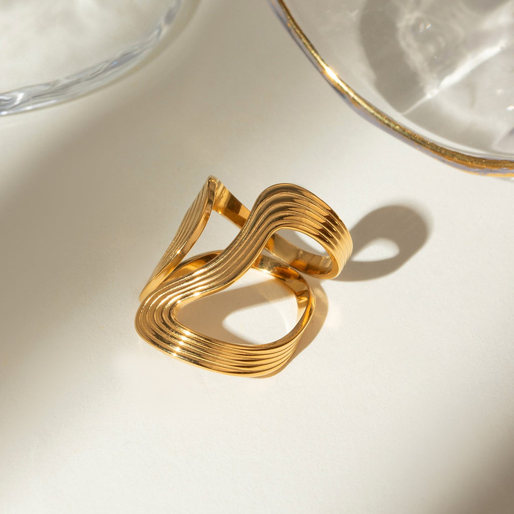 Statement Curve Lines Ring-18K PVD Gold Plated\ 316L Stainless Steel - R055