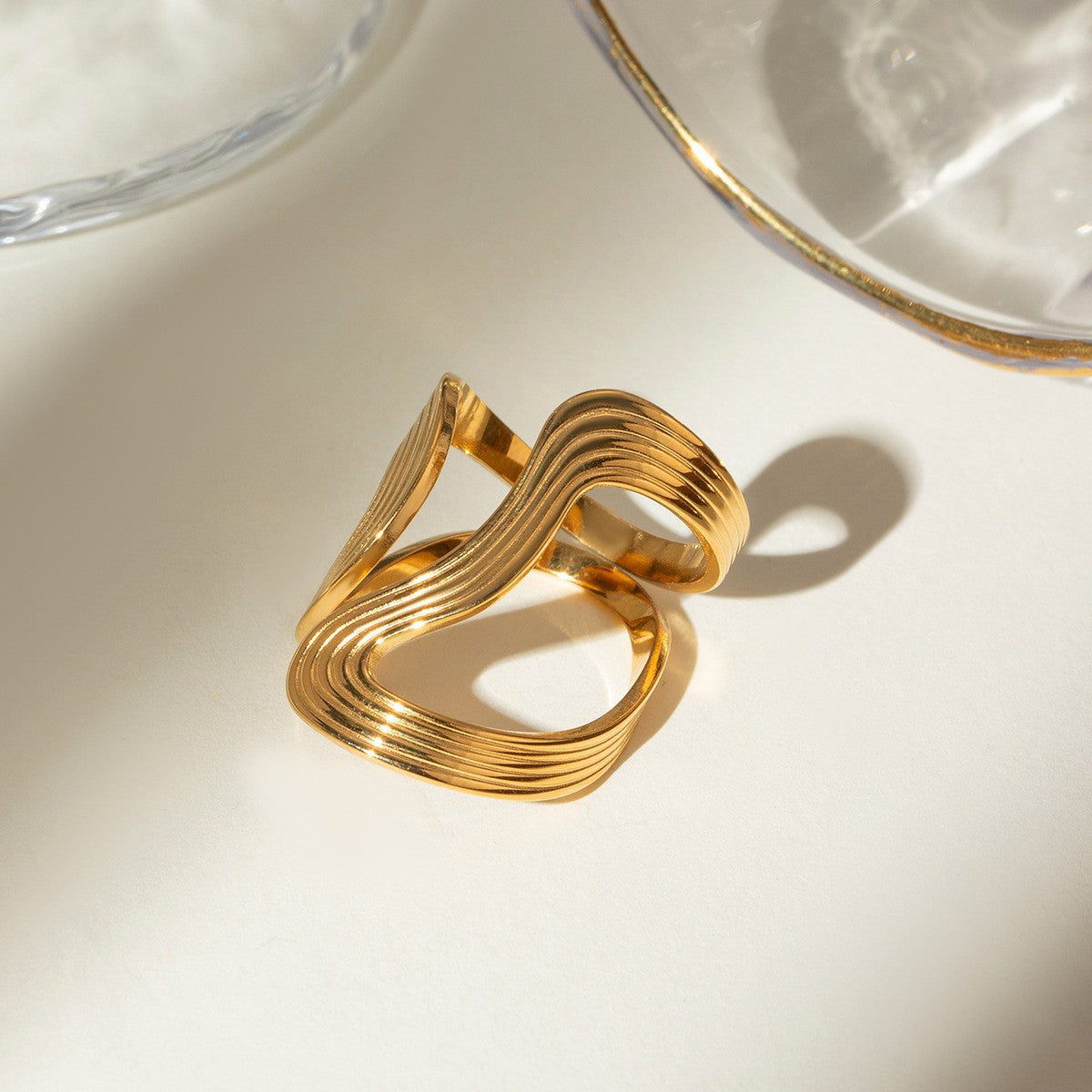 Statement Curve Lines Ring-18K PVD Gold Plated\ 316L Stainless Steel - R055