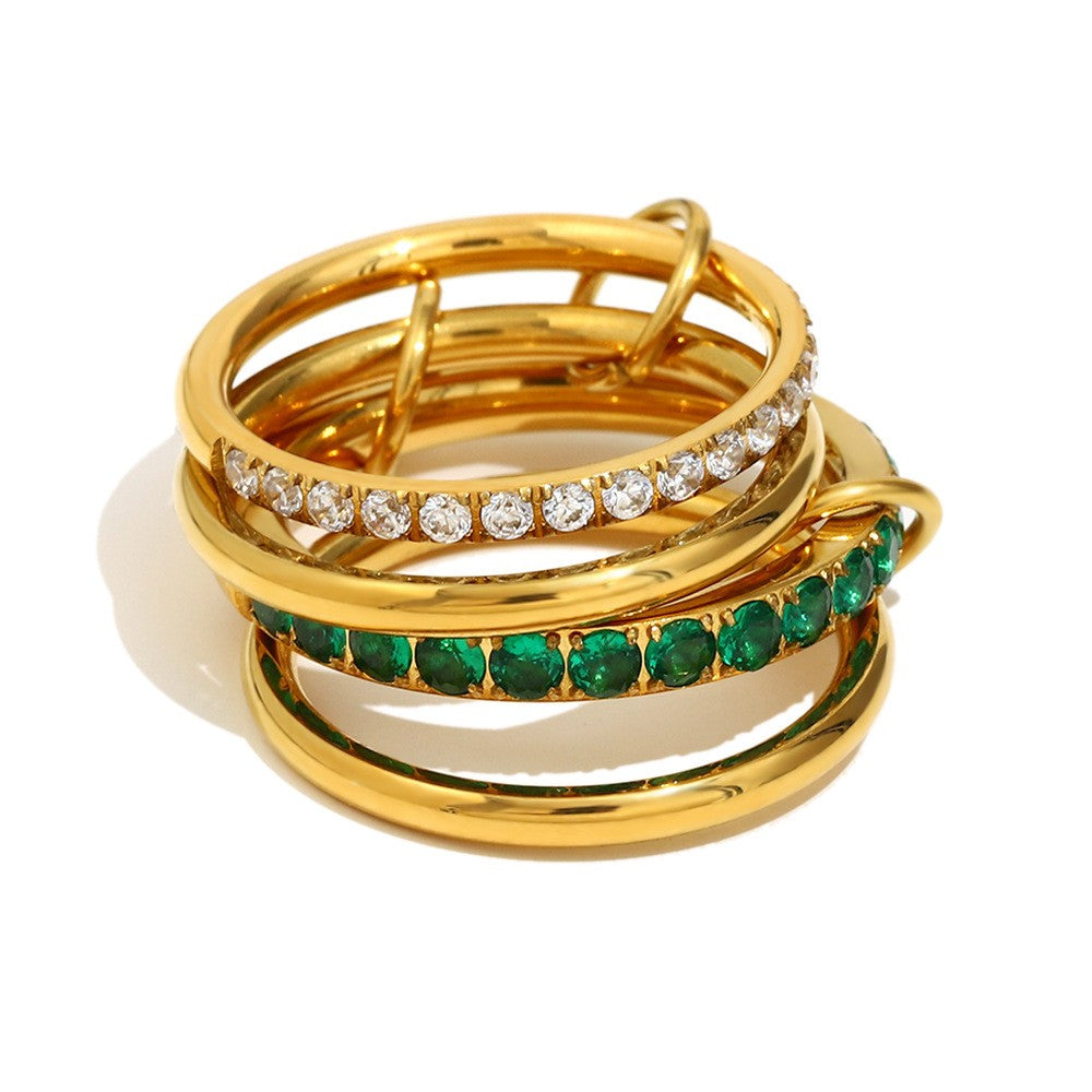 High End 18K Gold Plated Stainless Steel Green Zircon Pave Surround Waterproof 4 Circle Layered Trendy Joint Ring_Ring Size: 8