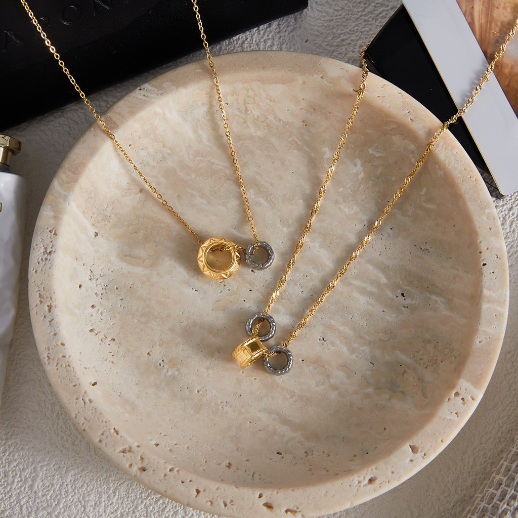 Two Tones Waterproof Non Tarnish Stainless Steel Hoop Ring Pendant Necklace 18k PVD Gold Plated - N037
