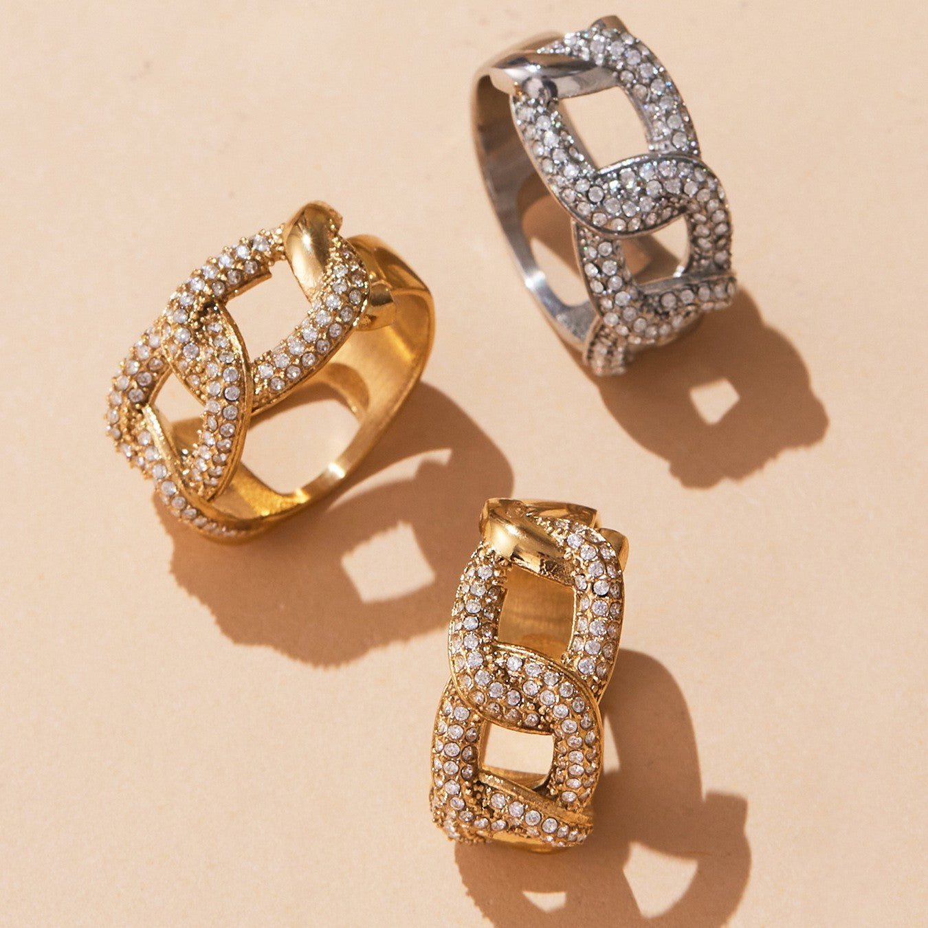 Shiny Zircon Geometric Rings 18K PVD Gold Plated Stainless Steel Hallow Round Heart Cuban Chain_R047. Size: 7