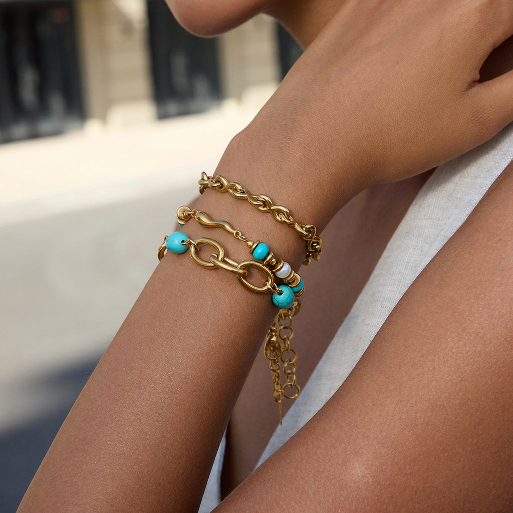 Blue Turquoise Bracelet- PVD18K Gold Plated 316L Stainless Steel_B050