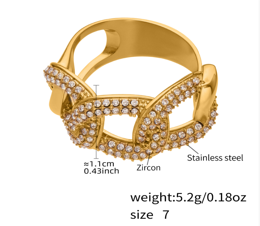 Shiny Zircon Geometric Rings 18K PVD Gold Plated Stainless Steel Hallow Round Heart Cuban Chain_R047. Size: 7