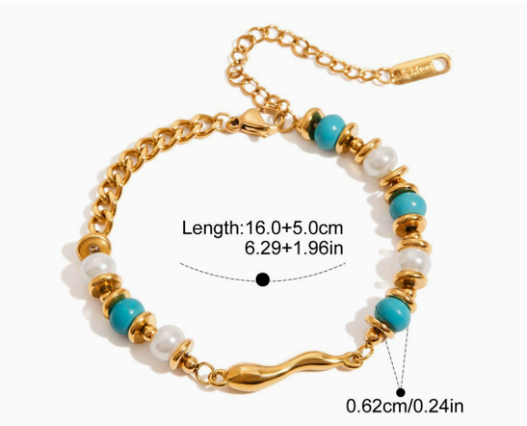 Blue Turquoise Bracelet- PVD18K Gold Plated 316L Stainless Steel_B050
