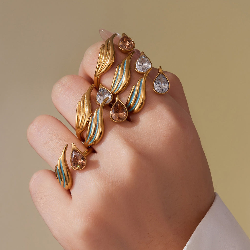 Waterdrop Zircon Open Ring 18k PVD Gold_R048. Size: Adjustable