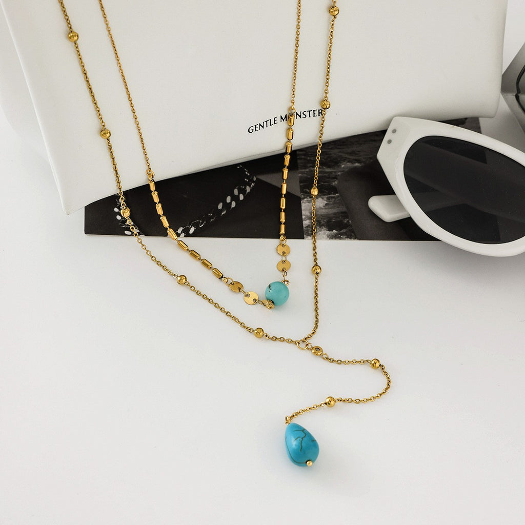 Long Tassel Turquoise Y-Shaped Chain Necklace - PVD18K Gold Plated 316L Stainless Steel_N049