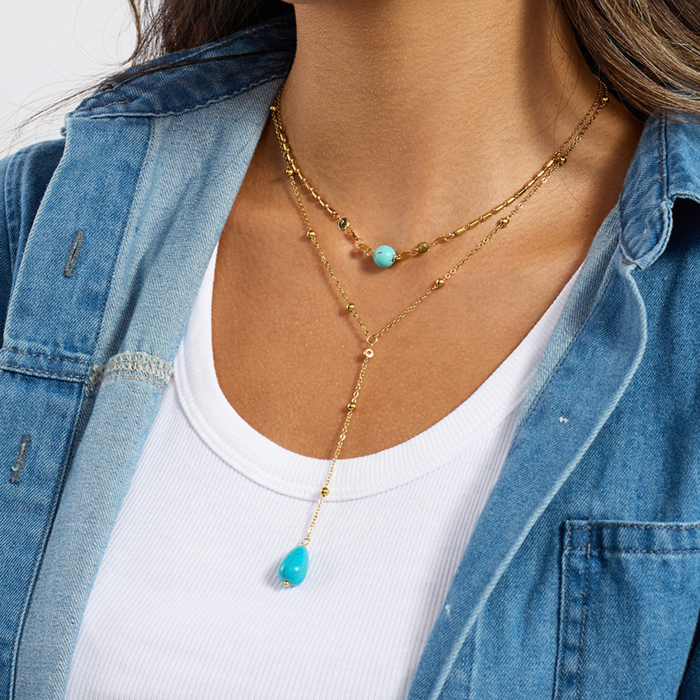 Long Tassel Turquoise Y-Shaped Chain Necklace - PVD18K Gold Plated 316L Stainless Steel_N049