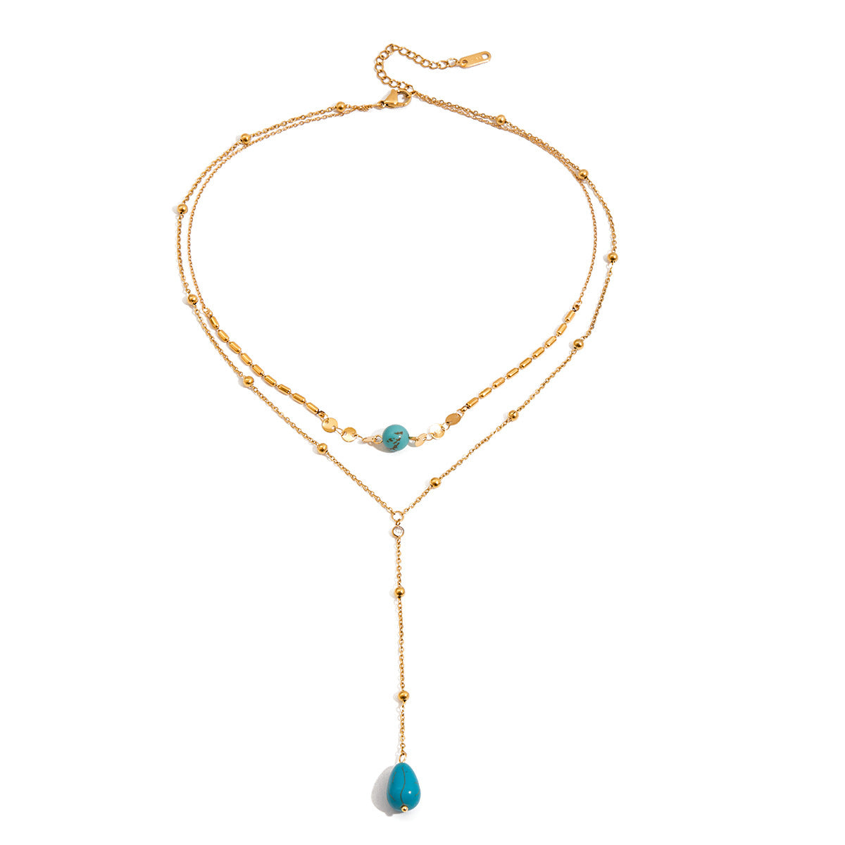 Long Tassel Turquoise Y-Shaped Chain Necklace - PVD18K Gold Plated 316L Stainless Steel_N049