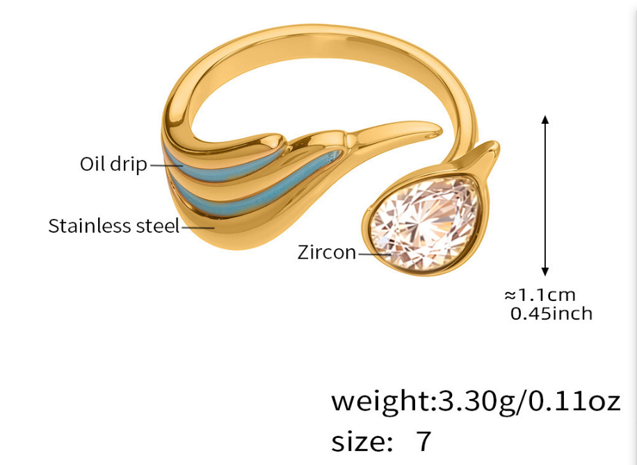 Waterdrop Zircon Open Ring 18k PVD Gold_R048. Size: Adjustable