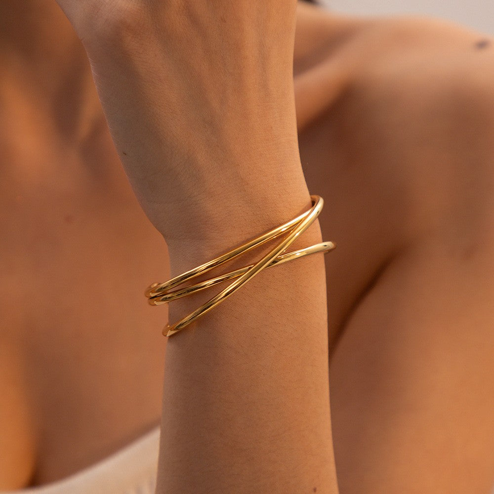 Three Layer Line Opening Cuff Bangles - PVD18K Gold Plated 316L Stainless Steel_B072