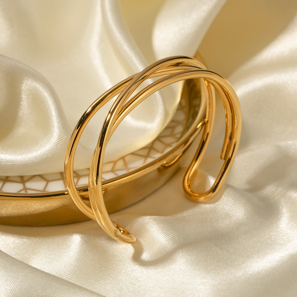 Three Layer Line Opening Cuff Bangles - PVD18K Gold Plated 316L Stainless Steel_B072