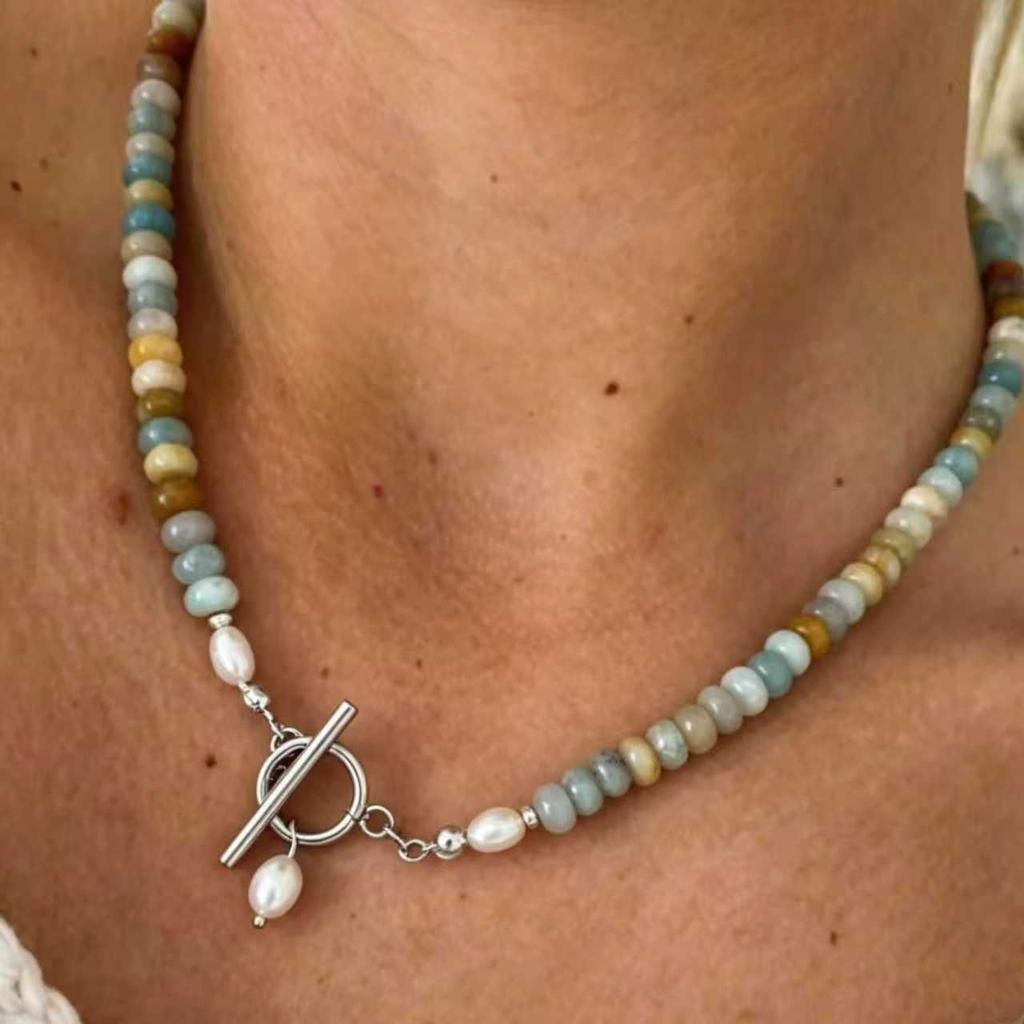Amazonite Natural Stone and Natural Pearl Necklace (Silver)_N082