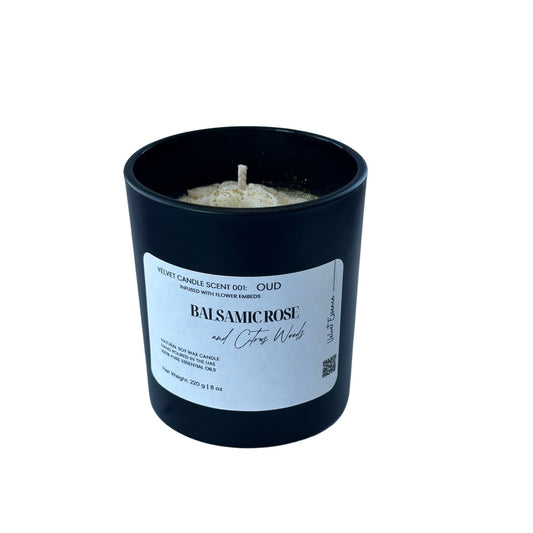 Velvet Candle 001-Oud-Wax Embedded Flowers Trio Collection: Balsamic Rose & Citrus Woods