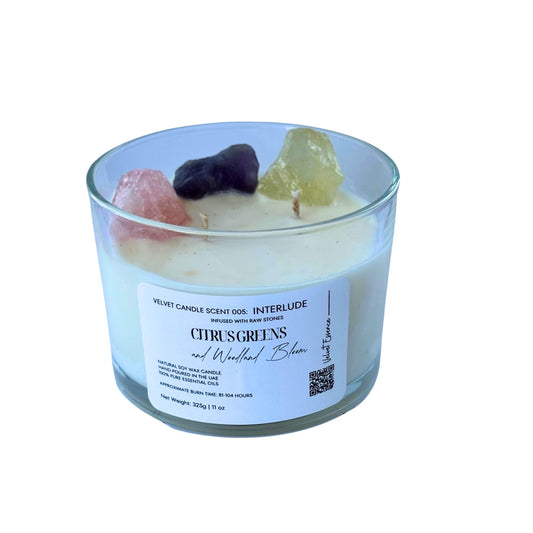 Velvet Candle 005-Interlude-Crystal Candle Collection: Citrus Greens and Woodland Bloom