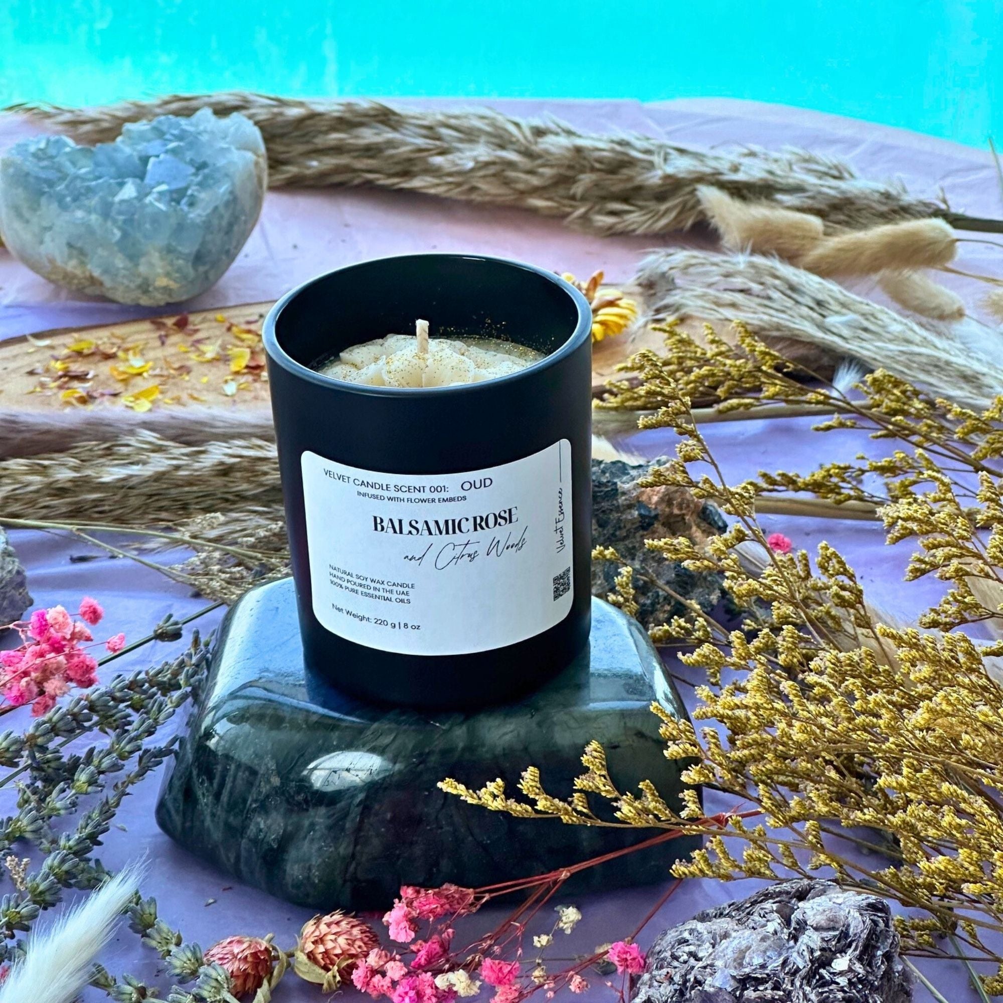 Velvet Candle 001-Oud-Wax Embedded Flowers Trio Collection: Balsamic Rose & Citrus Woods