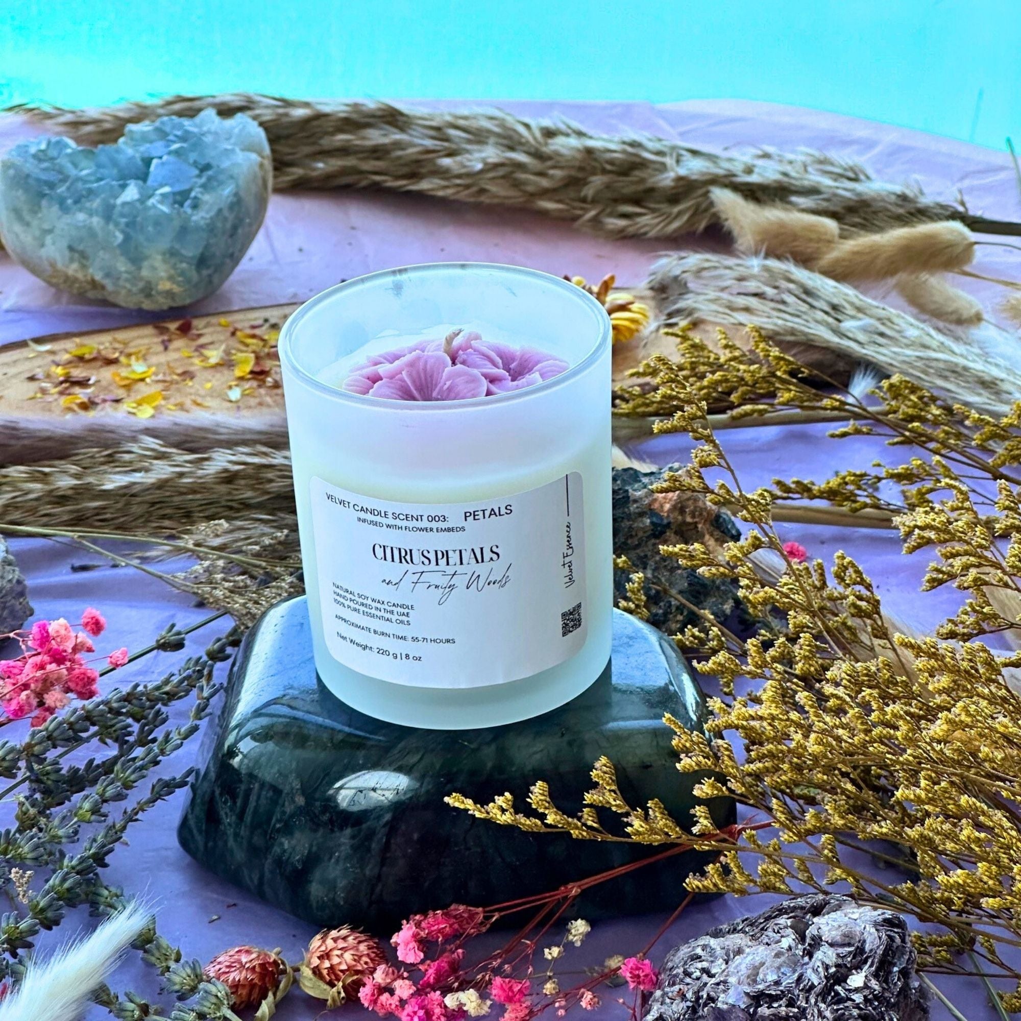 Velvet Candle 003-Petals-Wax Embedded Flowers Trio Collection: Citrus Petals and Fruity Woods