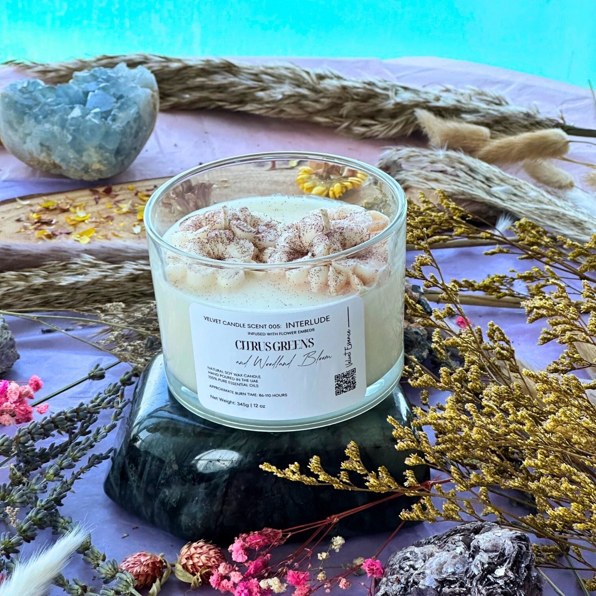 Velvet Candle 005-Interlude-Wax Embedded Flowers Trio Collection: Citrus Greens and Woodland Bloom