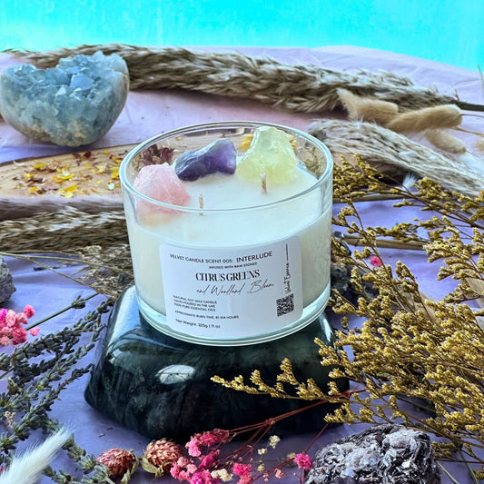 Velvet Candle 005-Interlude-Crystal Candle Collection: Citrus Greens and Woodland Bloom