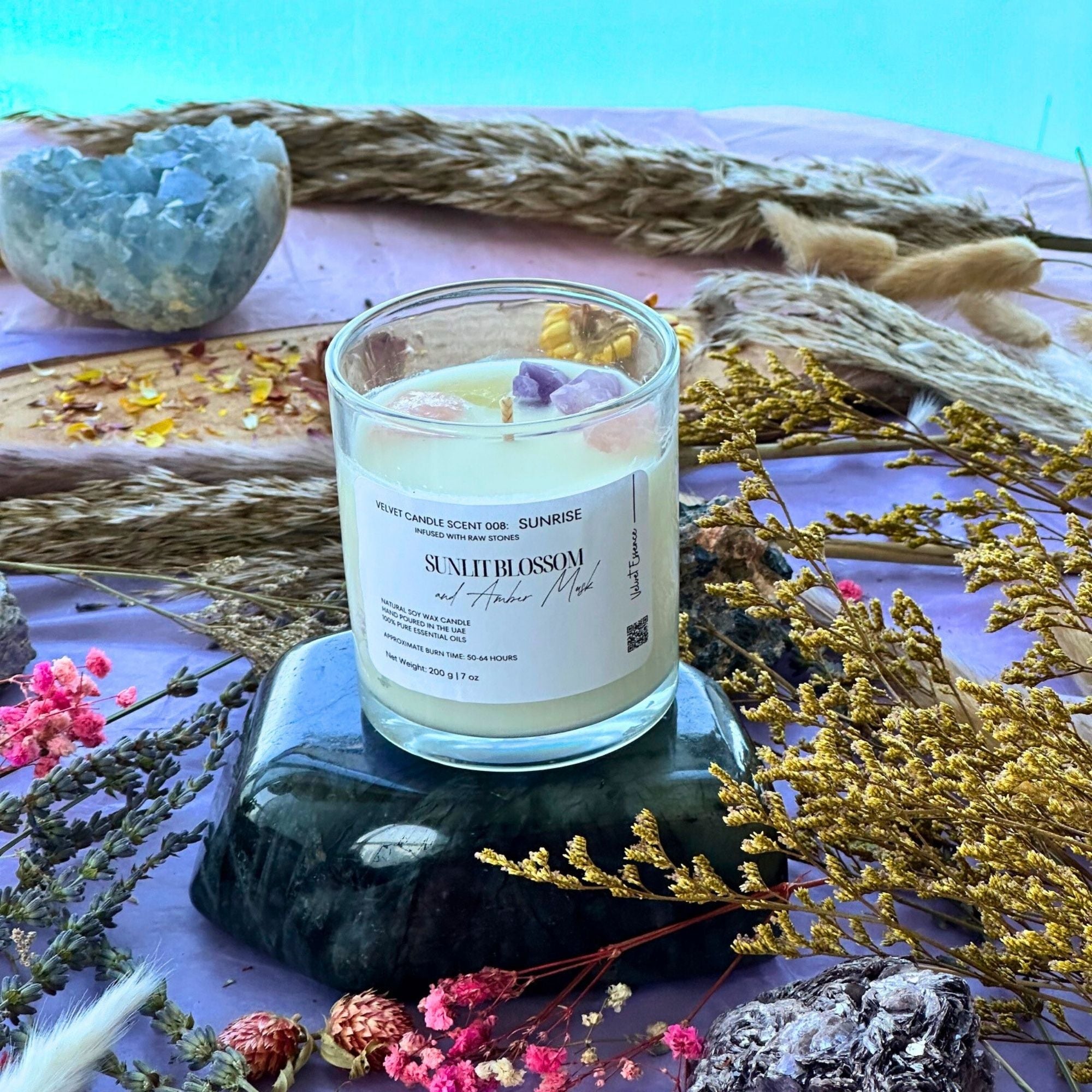 Velvet Candle-008-Sunrise-Crystal Candle Collection: Sunlit Blossom & Amber Musk