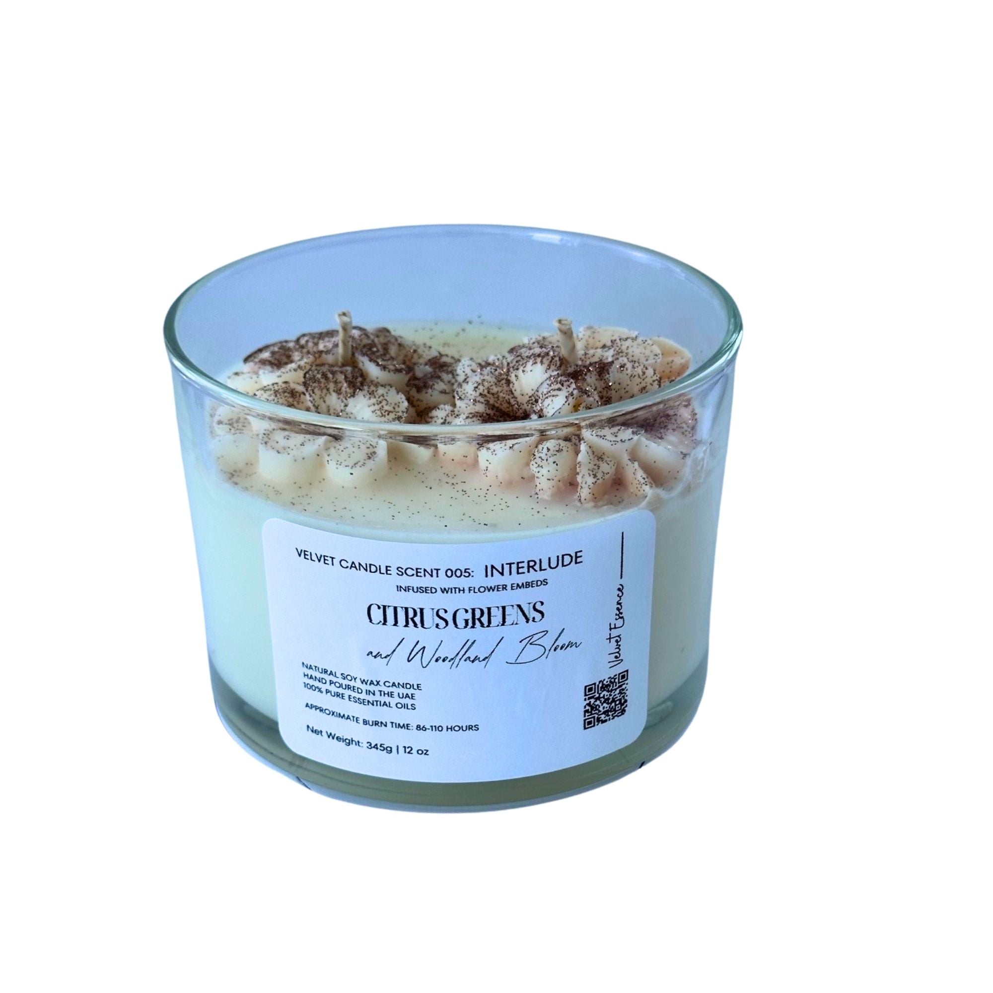 Velvet Candle 005-Interlude-Wax Embedded Flowers Trio Collection: Citrus Greens and Woodland Bloom