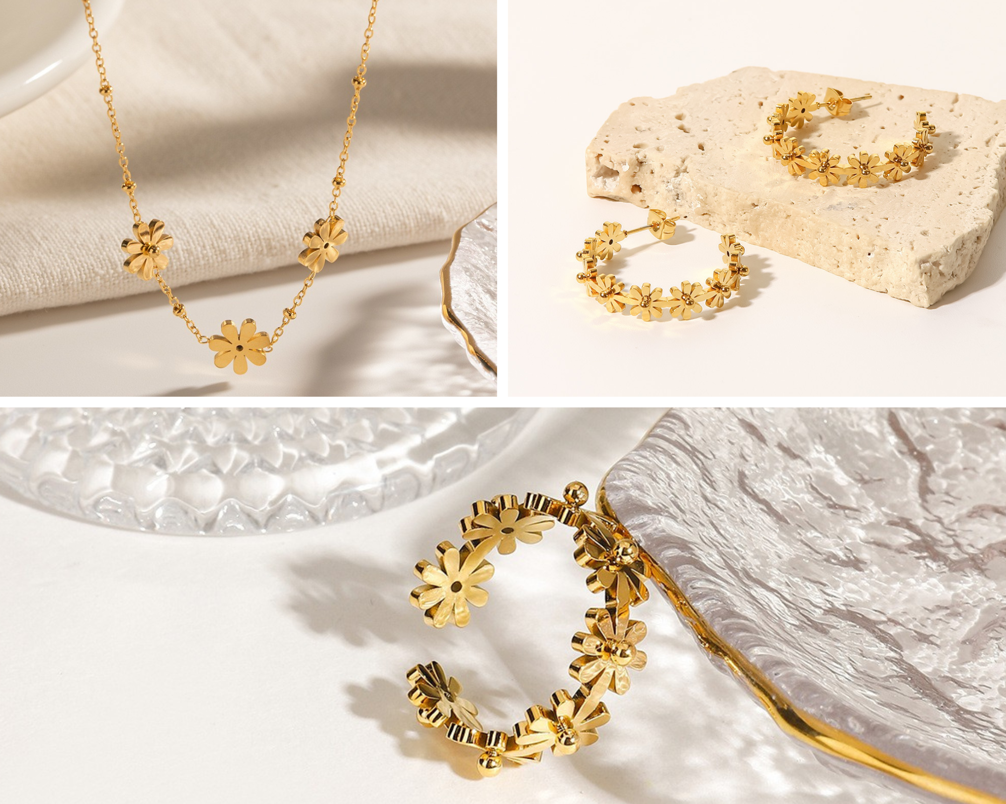 Mini Daisy Flower Set (C Hoop Earrings / Neclace / Rings) PVD18K Gold Plated 316L Stainless Steel_Set003