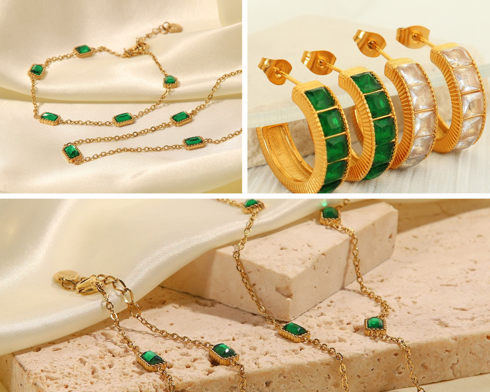 Green Zircon Stones Set (Necklace / Bracelet /Earring) -PVD 18K Gold Plated 316L Stainless Steel_Set002