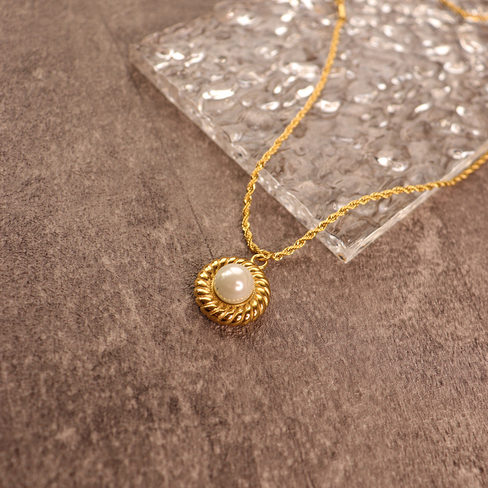 Rope Chain Pearl Pendant Necklace - PVD 18k Gold Plated 316L Stainless Steel_N015