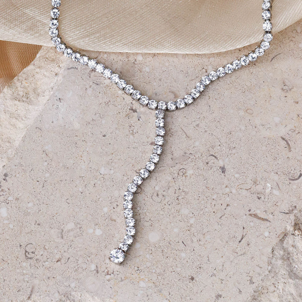 Shape Tassel Tennis Chain Bejeweled Choker Necklace - Silver 316L Stainless Steel with PVD Plating_N005