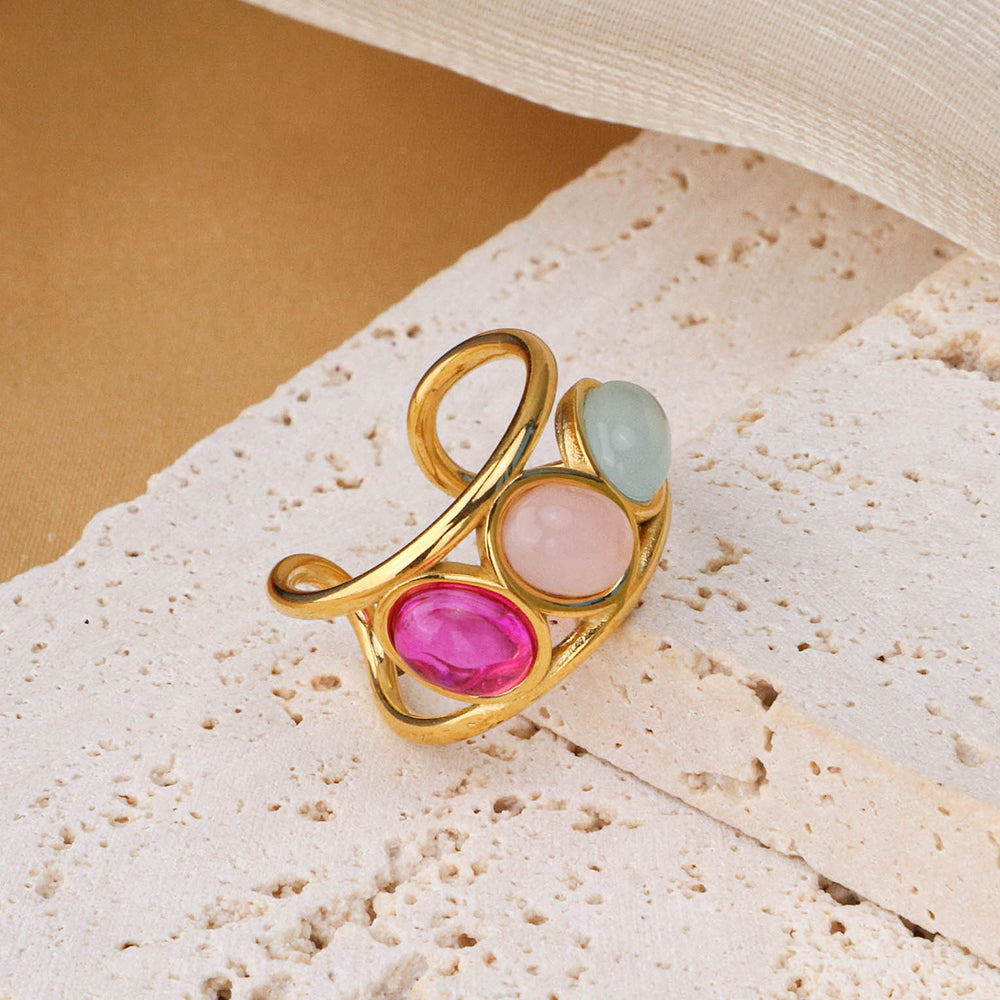 Band Ring Gold Colorful Gems Hollowed-out Chunky Rings - PVD 18k Gold Plated 316L Stainless Steel_R021