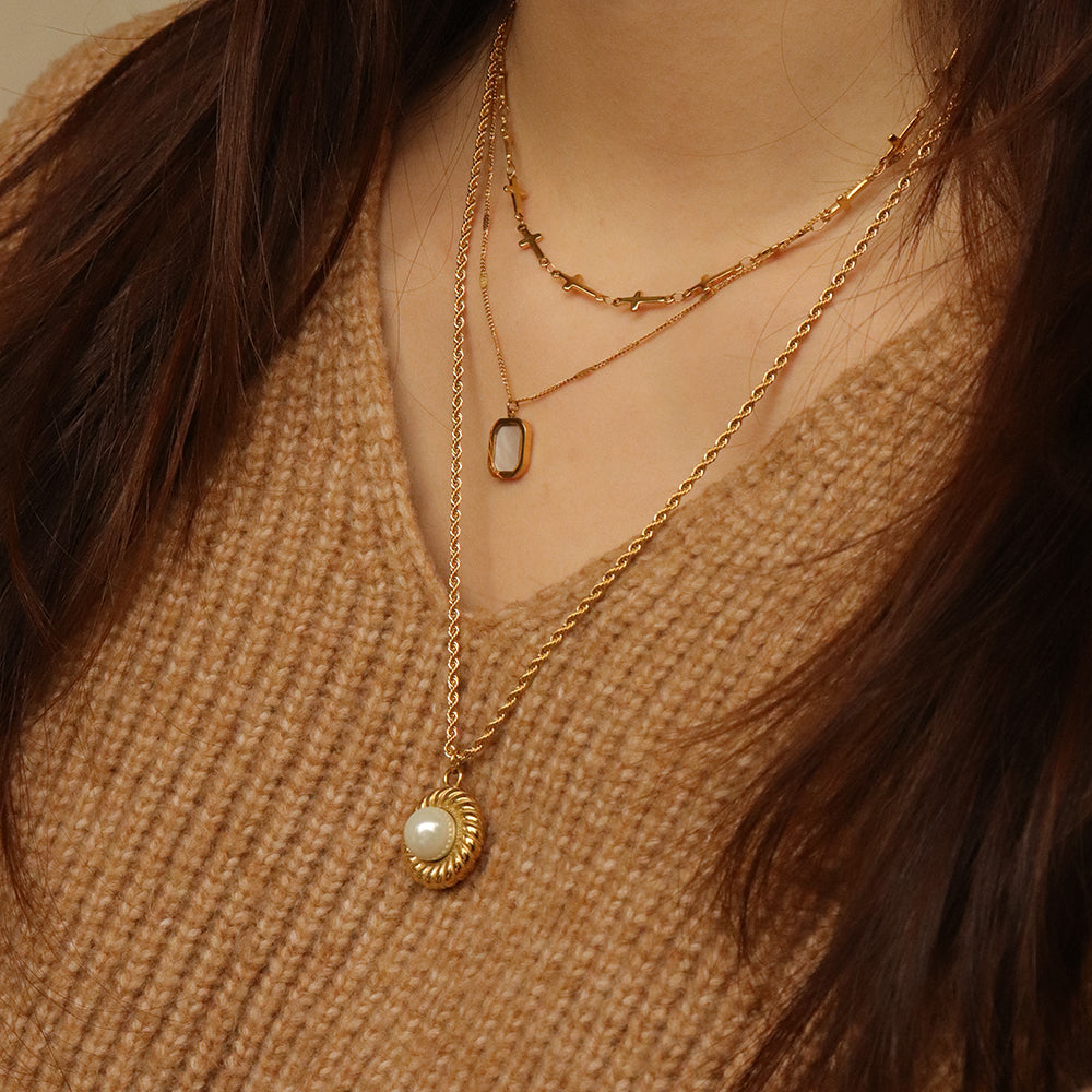 Rope Chain Pearl Pendant Necklace - PVD 18k Gold Plated 316L Stainless Steel_N015