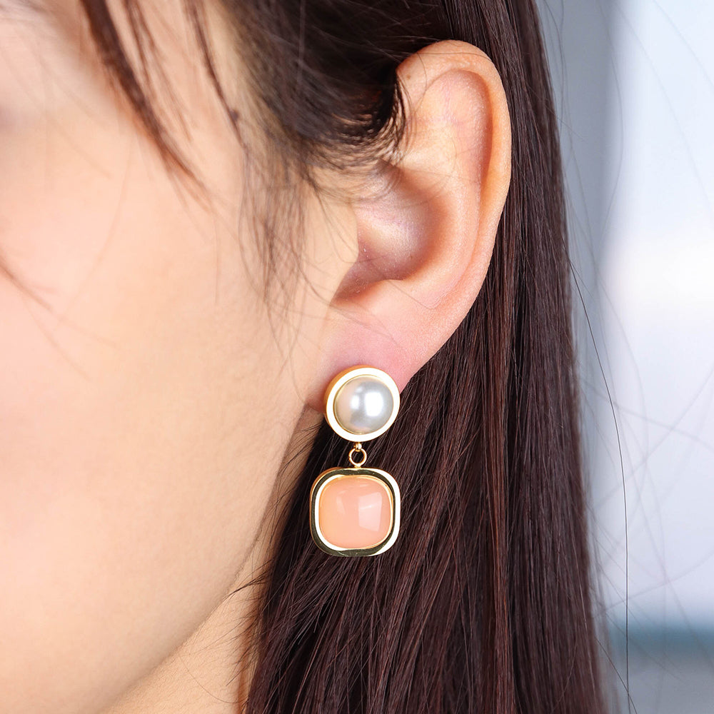 Gemstones and Pearls Small Dangle Earrings - PVD 18k Gold Plated 316L Stainless Steel_E011