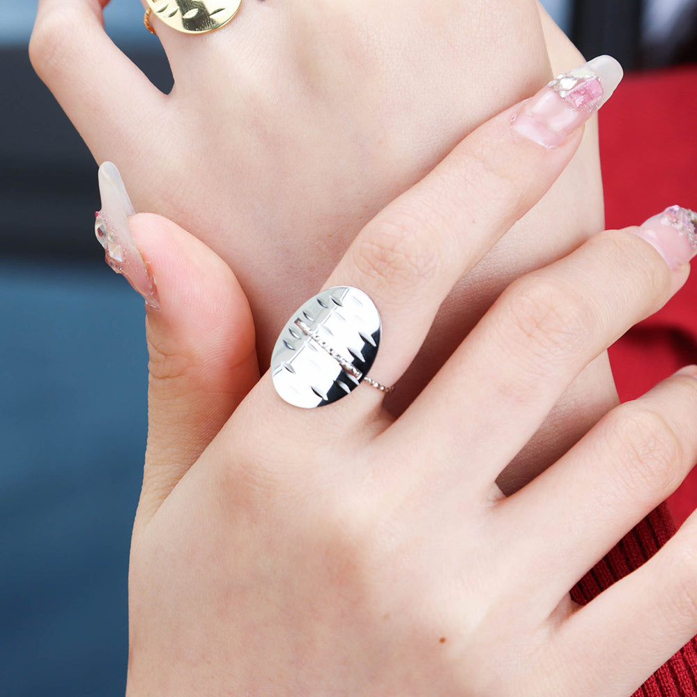 Oval Signet Adjustable Rings - SIlver 316L Stainless Steel with PVD Plating_R029