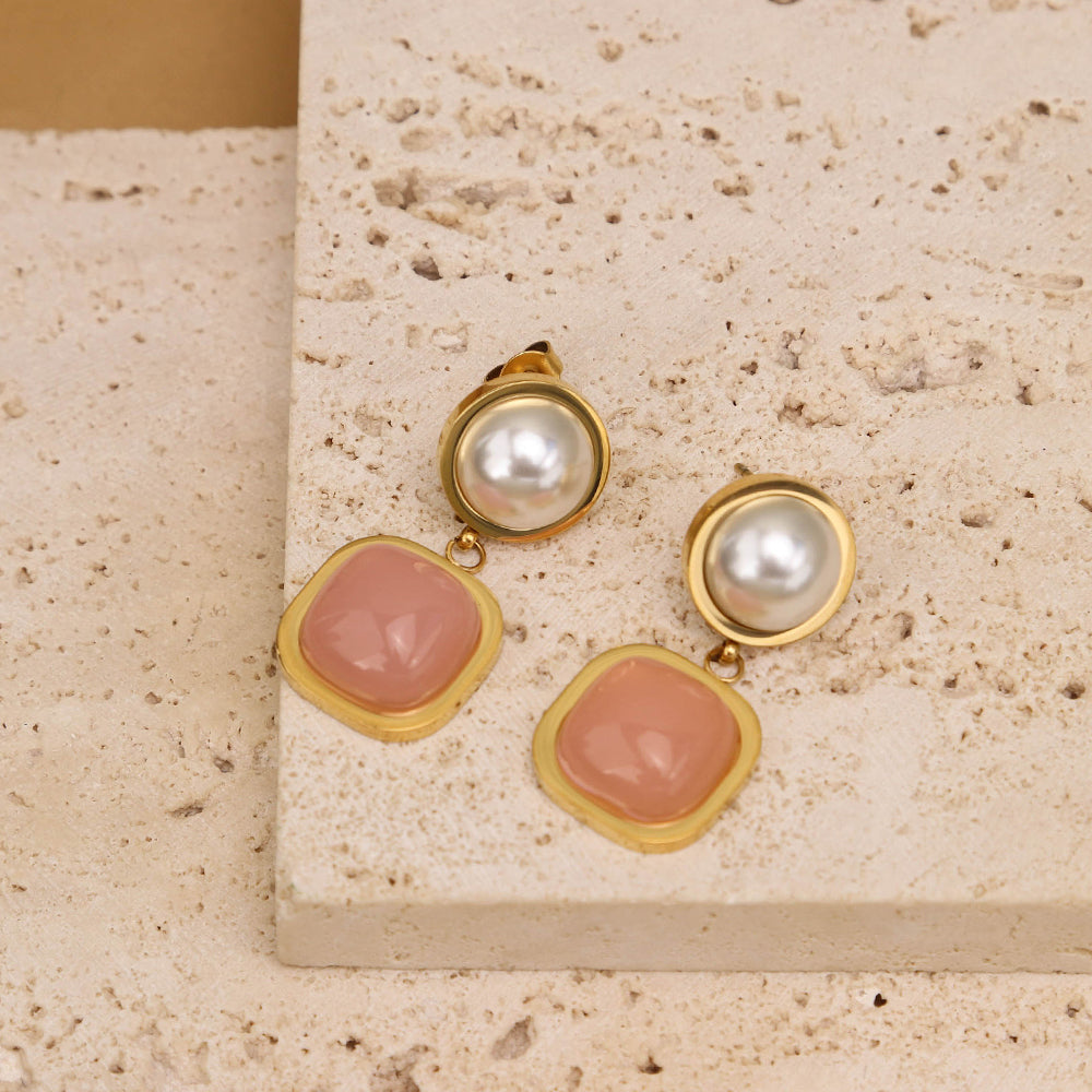 Gemstones and Pearls Small Dangle Earrings - PVD 18k Gold Plated 316L Stainless Steel_E011